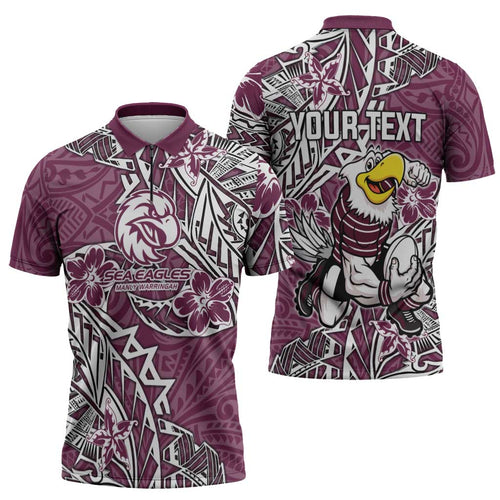 Personalised Manly Warringah Sea Eagles Zipper Polo Shirt Polynesian Tribal Pattern With Rugby Sea Eagle Mascot Art