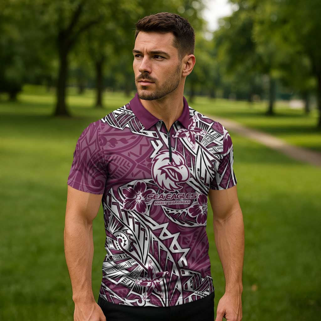 Personalised Manly Warringah Sea Eagles Zipper Polo Shirt Polynesian Tribal Pattern With Rugby Sea Eagle Mascot Art