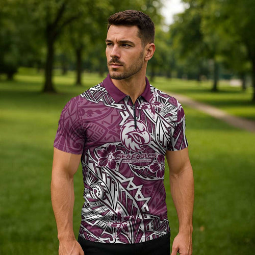 Personalised Manly Warringah Sea Eagles Zipper Polo Shirt Polynesian Tribal Pattern With Rugby Sea Eagle Mascot Art