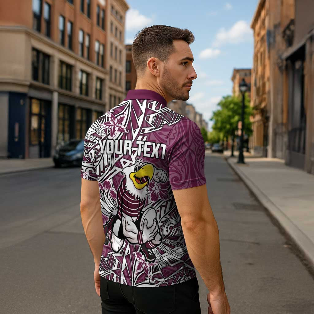 Personalised Manly Warringah Sea Eagles Zipper Polo Shirt Polynesian Tribal Pattern With Rugby Sea Eagle Mascot Art