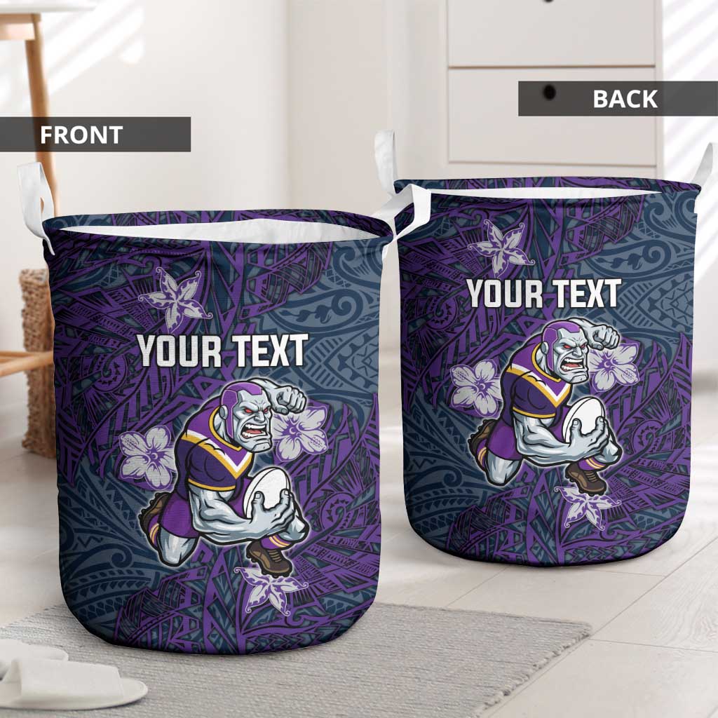 Personalised Melbourne Storm Laundry Basket Polynesian Tribal Pattern With Rugby Storm Man Mascot Art