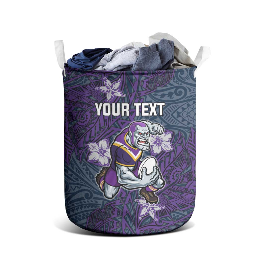 Personalised Melbourne Storm Laundry Basket Polynesian Tribal Pattern With Rugby Storm Man Mascot Art