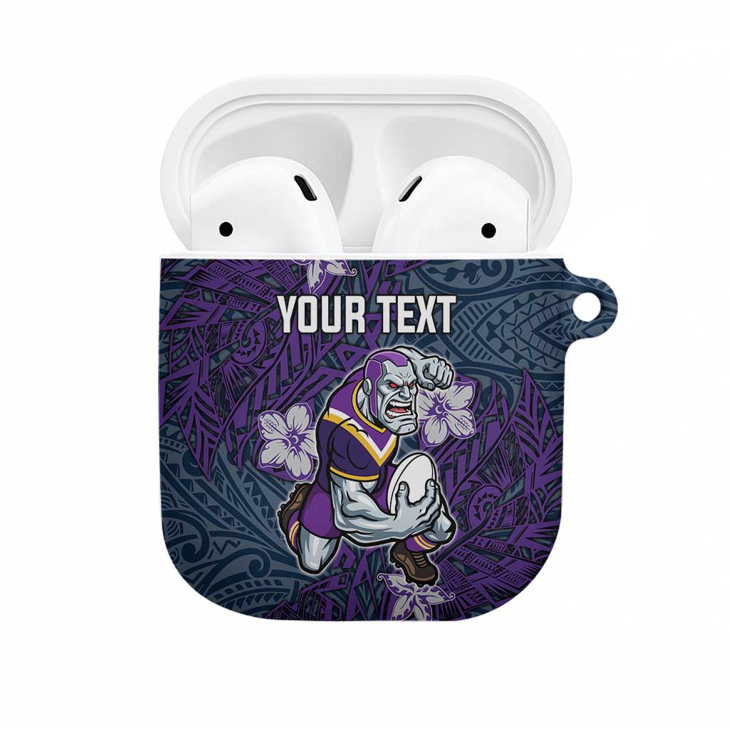 Personalised Melbourne Storm AirPods Case Polynesian Tribal Pattern With Rugby Storm Man Mascot Art