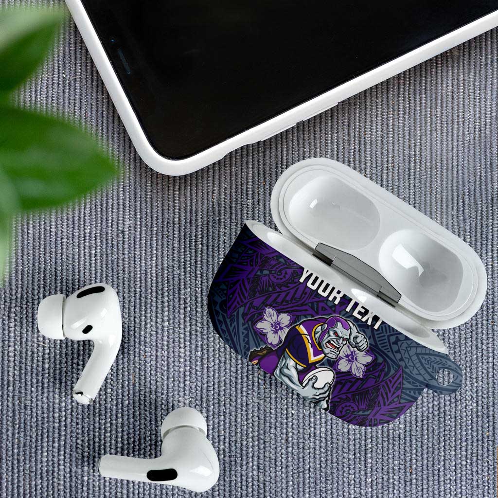 Personalised Melbourne Storm AirPods Case Polynesian Tribal Pattern With Rugby Storm Man Mascot Art