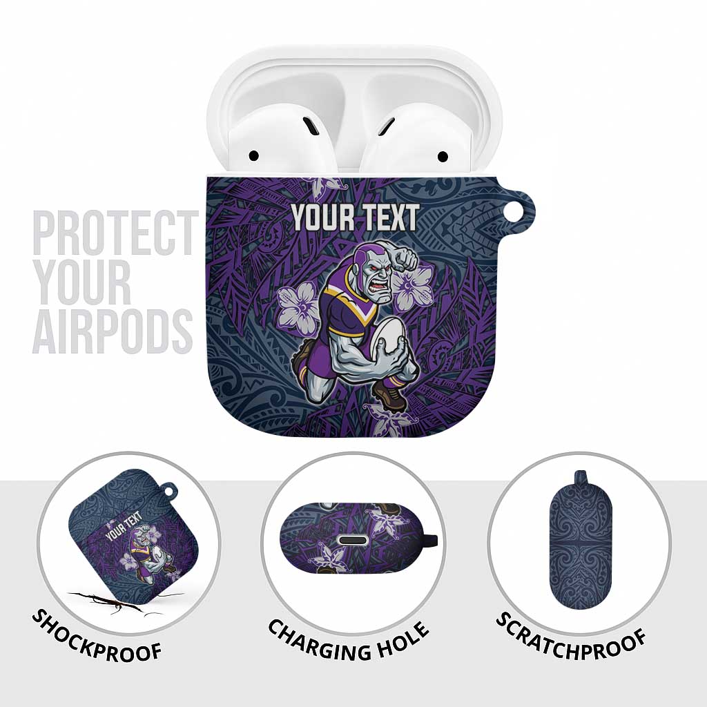 Personalised Melbourne Storm AirPods Case Polynesian Tribal Pattern With Rugby Storm Man Mascot Art