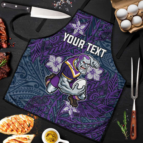 Personalised Melbourne Storm Apron Polynesian Tribal Pattern With Rugby Storm Man Mascot Art