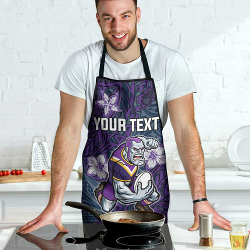 Personalised Melbourne Storm Apron Polynesian Tribal Pattern With Rugby Storm Man Mascot Art