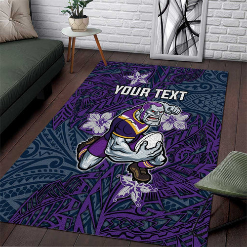 Personalised Melbourne Storm Area Rug Polynesian Tribal Pattern With Rugby Storm Man Mascot Art