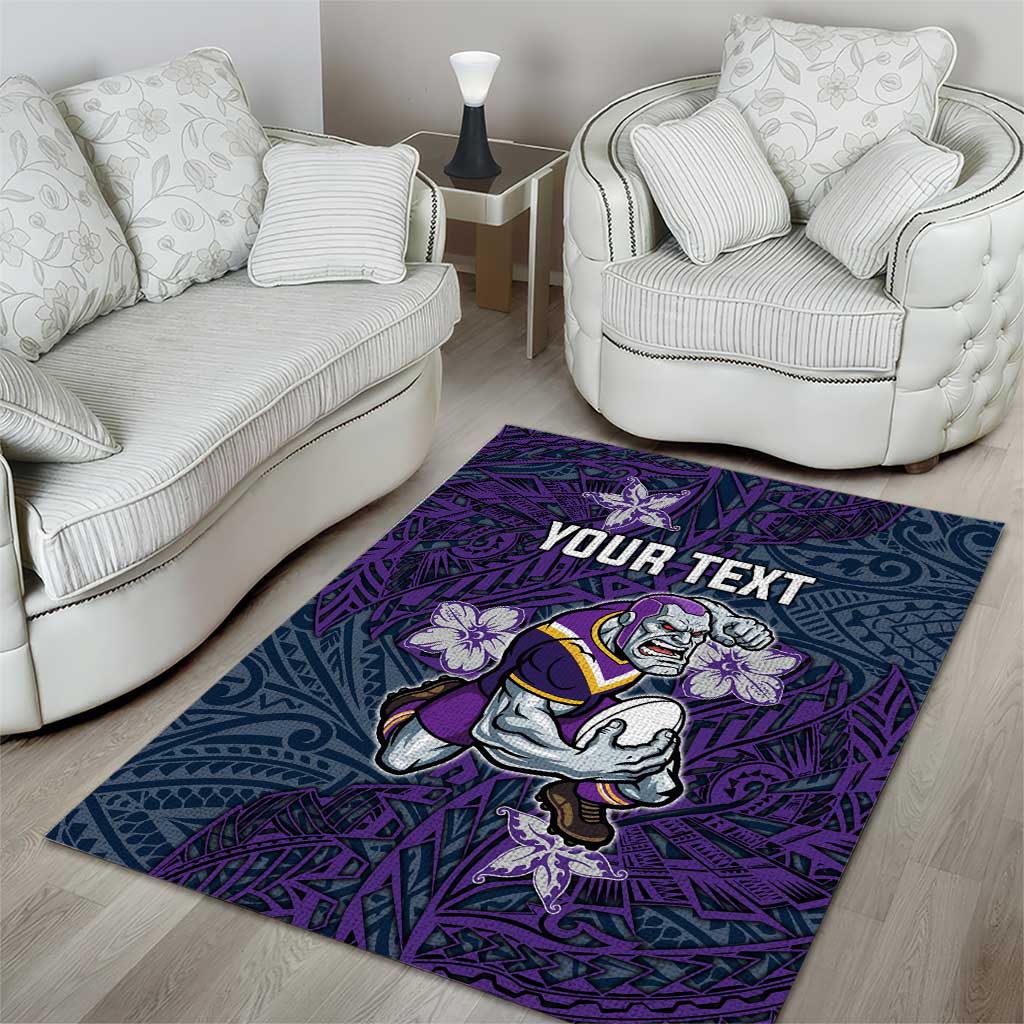 Personalised Melbourne Storm Area Rug Polynesian Tribal Pattern With Rugby Storm Man Mascot Art