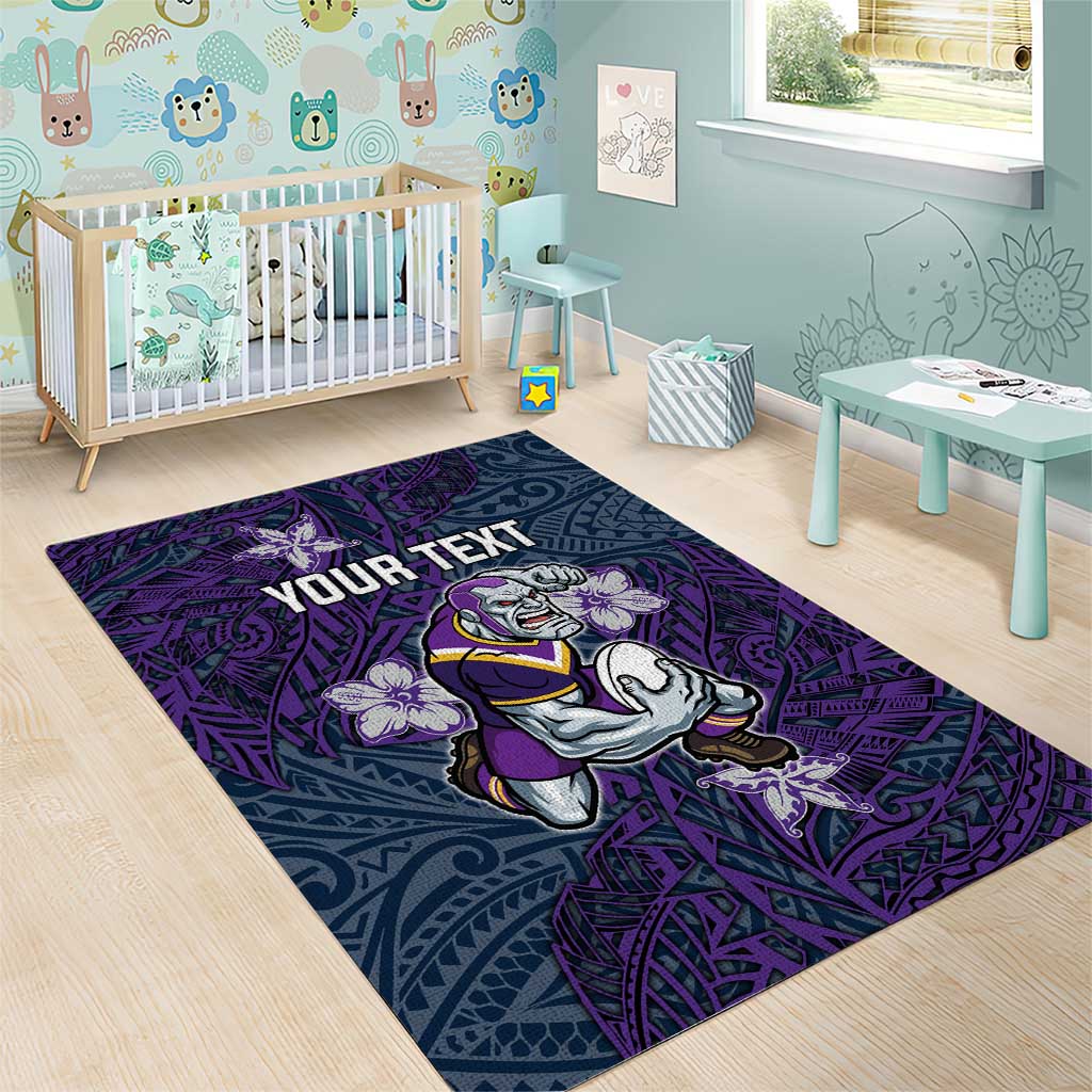 Personalised Melbourne Storm Area Rug Polynesian Tribal Pattern With Rugby Storm Man Mascot Art