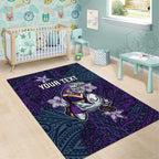 Personalised Melbourne Storm Area Rug Polynesian Tribal Pattern With Rugby Storm Man Mascot Art