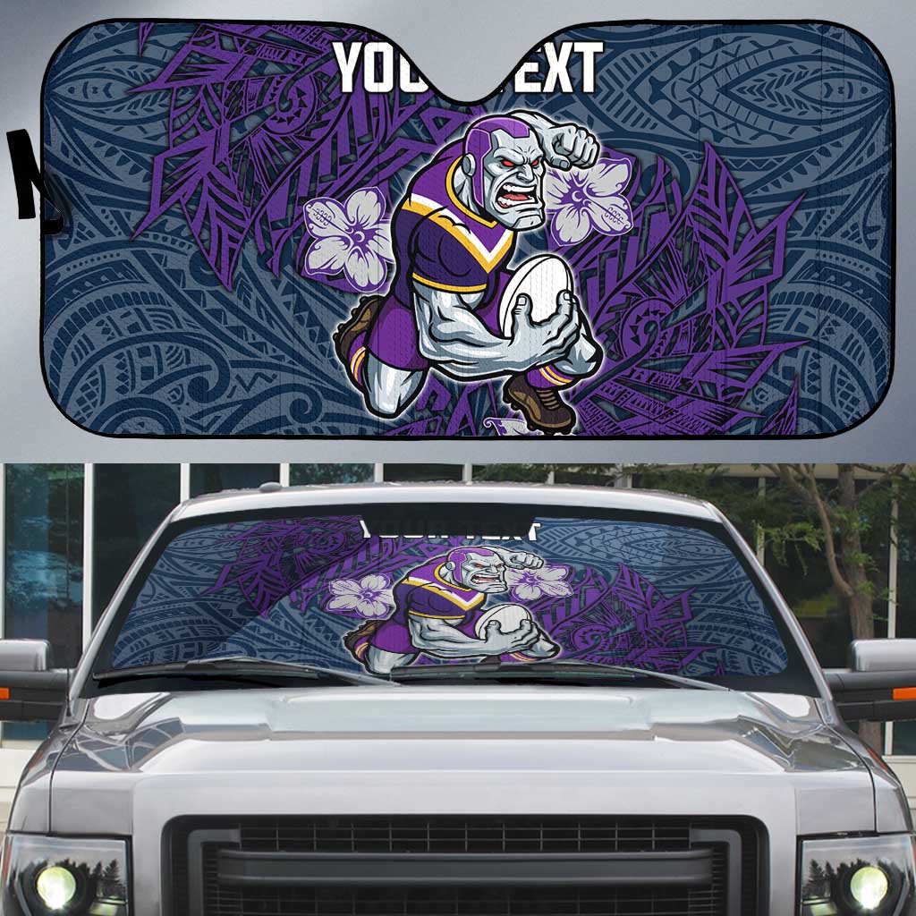 Personalised Melbourne Storm Auto Sun Shade Polynesian Tribal Pattern With Rugby Storm Man Mascot Art