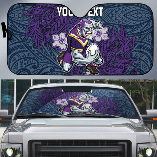 Personalised Melbourne Storm Auto Sun Shade Polynesian Tribal Pattern With Rugby Storm Man Mascot Art