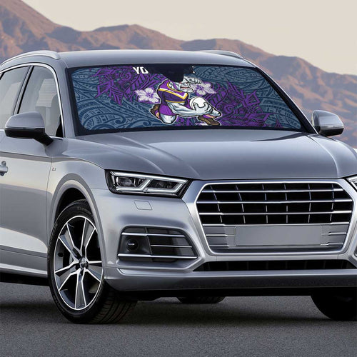 Personalised Melbourne Storm Auto Sun Shade Polynesian Tribal Pattern With Rugby Storm Man Mascot Art