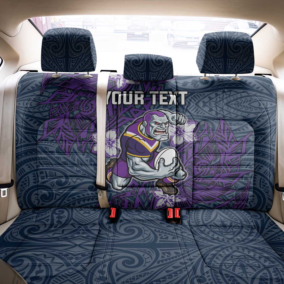 Personalised Melbourne Storm Back Car Seat Cover Polynesian Tribal Pattern With Rugby Storm Man Mascot Art