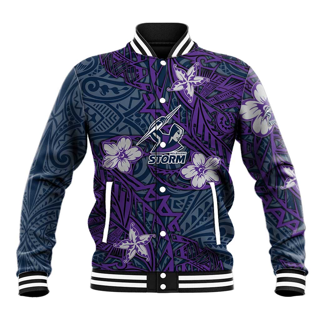 Personalised Melbourne Storm Baseball Jacket Polynesian Tribal Pattern With Rugby Storm Man Mascot Art