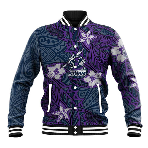 Personalised Melbourne Storm Baseball Jacket Polynesian Tribal Pattern With Rugby Storm Man Mascot Art