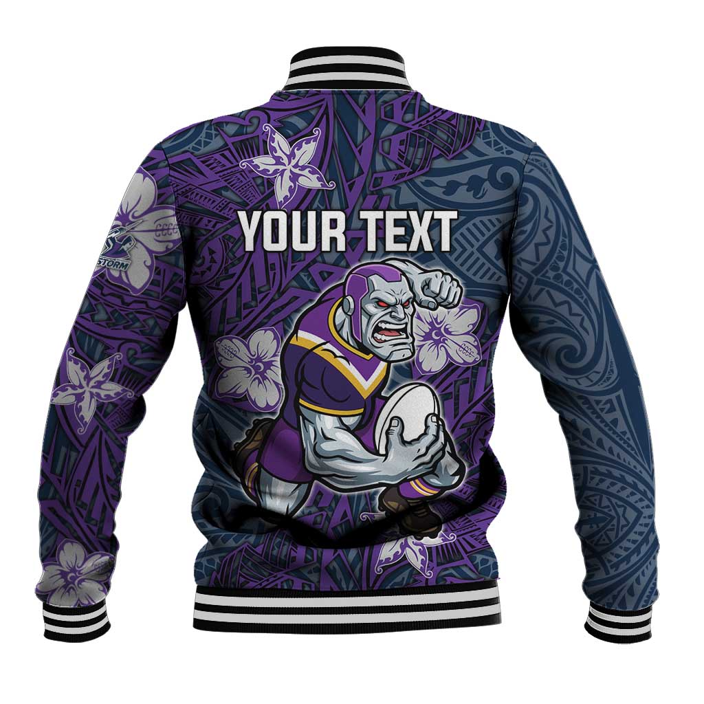Personalised Melbourne Storm Baseball Jacket Polynesian Tribal Pattern With Rugby Storm Man Mascot Art
