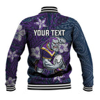 Personalised Melbourne Storm Baseball Jacket Polynesian Tribal Pattern With Rugby Storm Man Mascot Art