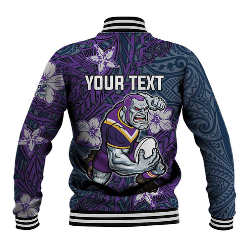 Personalised Melbourne Storm Baseball Jacket Polynesian Tribal Pattern With Rugby Storm Man Mascot Art