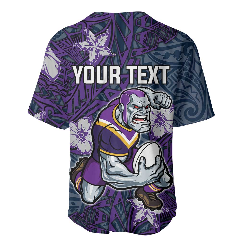 Personalised Melbourne Storm Baseball Jersey Polynesian Tribal Pattern With Rugby Storm Man Mascot Art