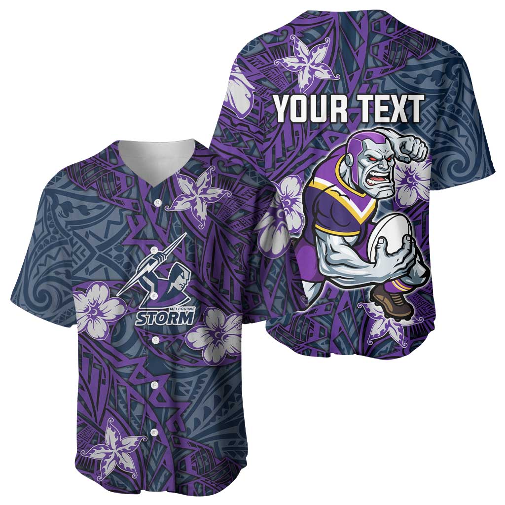 Personalised Melbourne Storm Baseball Jersey Polynesian Tribal Pattern With Rugby Storm Man Mascot Art