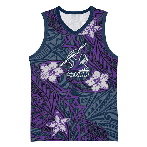 Personalised Melbourne Storm Basketball Jersey Polynesian Tribal Pattern With Rugby Storm Man Mascot Art