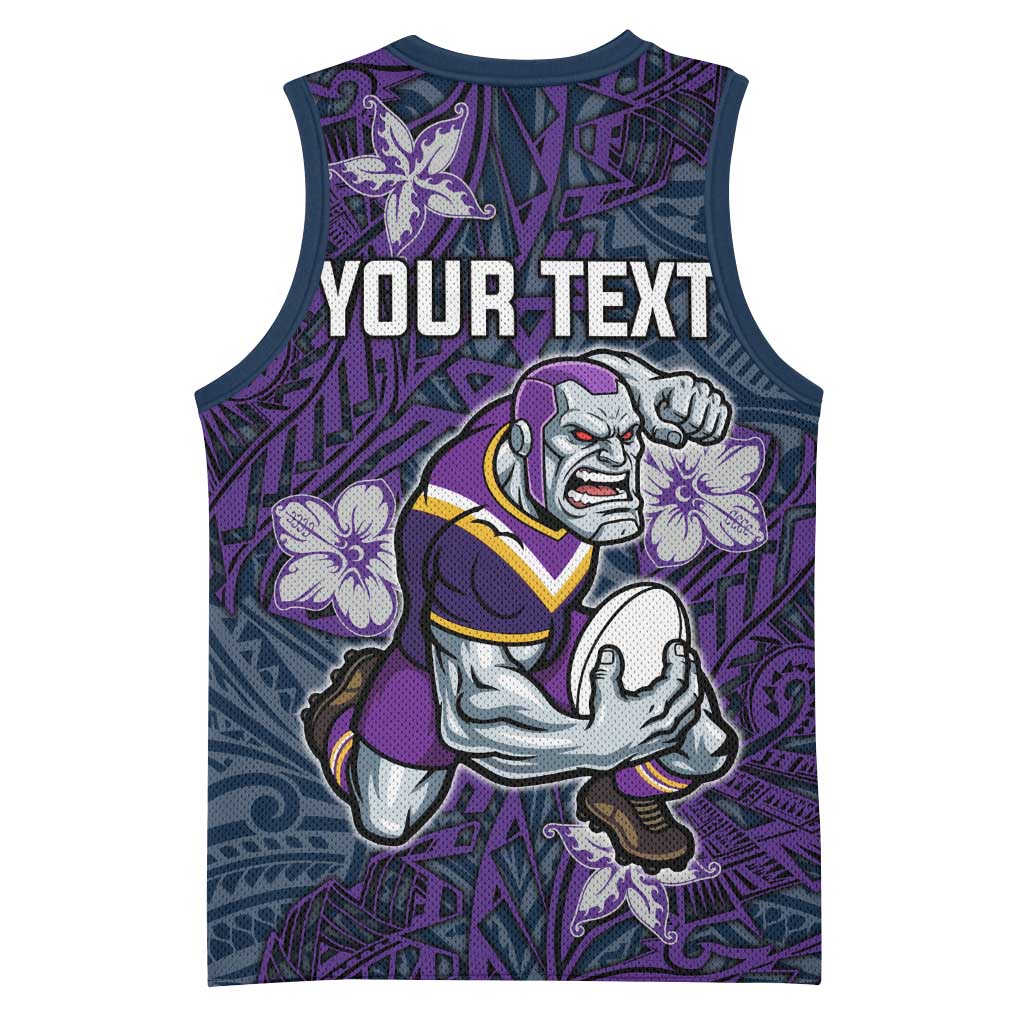 Personalised Melbourne Storm Basketball Jersey Polynesian Tribal Pattern With Rugby Storm Man Mascot Art