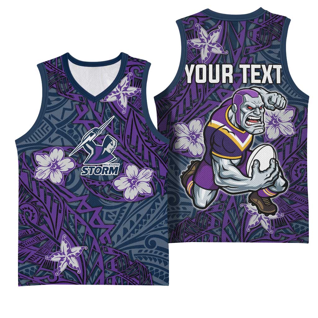 Personalised Melbourne Storm Basketball Jersey Polynesian Tribal Pattern With Rugby Storm Man Mascot Art