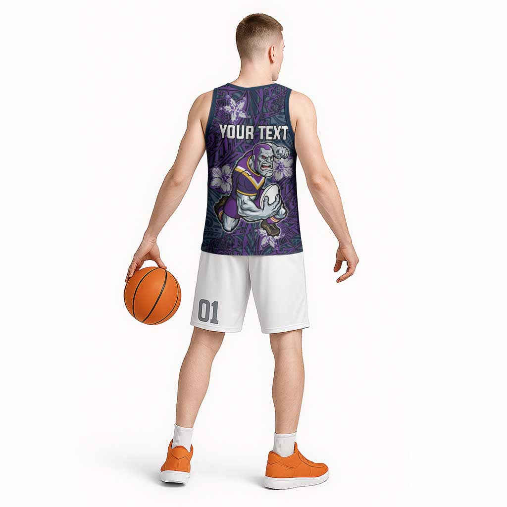 Personalised Melbourne Storm Basketball Jersey Polynesian Tribal Pattern With Rugby Storm Man Mascot Art