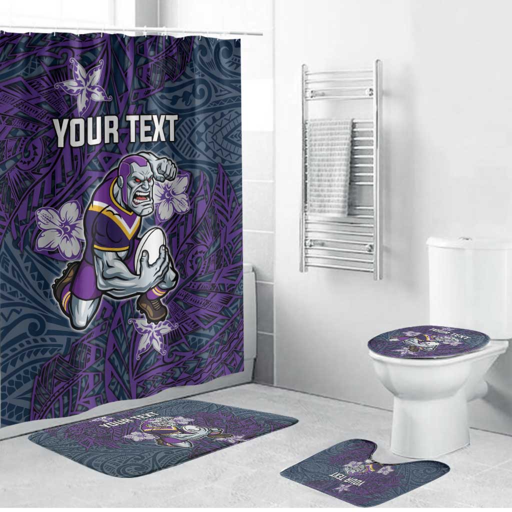 Personalised Melbourne Storm Bathroom Set Polynesian Tribal Pattern With Rugby Storm Man Mascot Art
