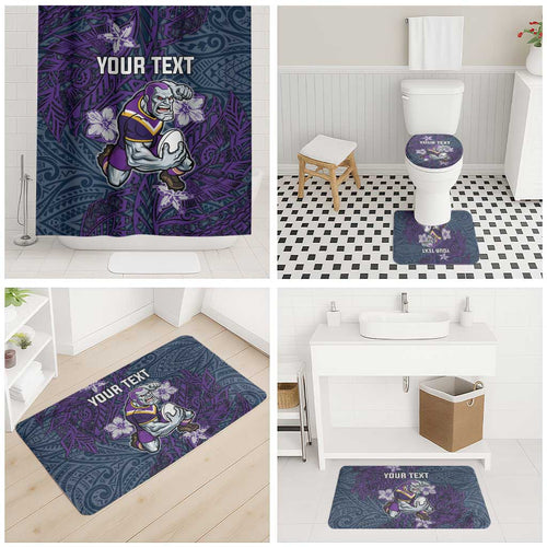 Personalised Melbourne Storm Bathroom Set Polynesian Tribal Pattern With Rugby Storm Man Mascot Art