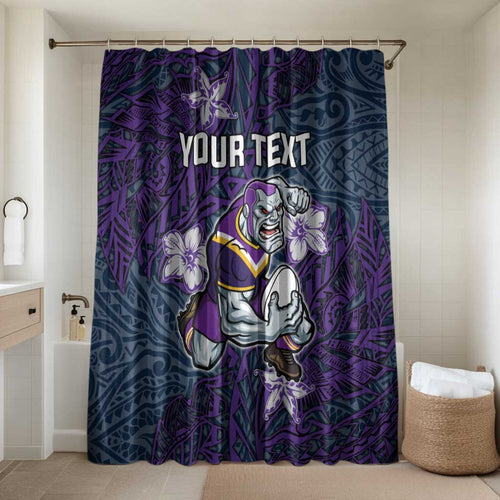 Personalised Melbourne Storm Bathroom Set Polynesian Tribal Pattern With Rugby Storm Man Mascot Art