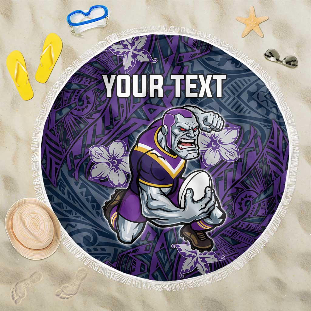 Personalised Melbourne Storm Beach Blanket Polynesian Tribal Pattern With Rugby Storm Man Mascot Art