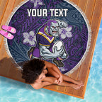 Personalised Melbourne Storm Beach Blanket Polynesian Tribal Pattern With Rugby Storm Man Mascot Art