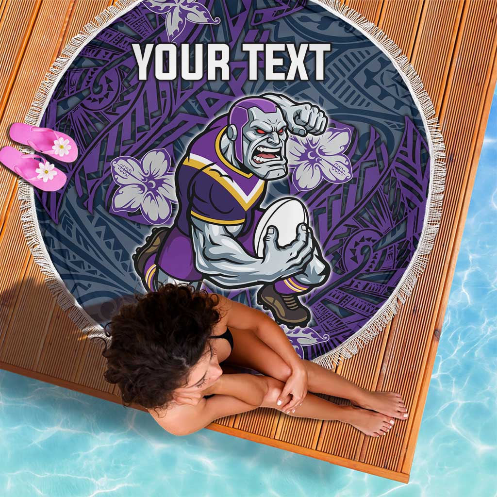 Personalised Melbourne Storm Beach Blanket Polynesian Tribal Pattern With Rugby Storm Man Mascot Art