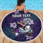 Personalised Melbourne Storm Beach Blanket Polynesian Tribal Pattern With Rugby Storm Man Mascot Art