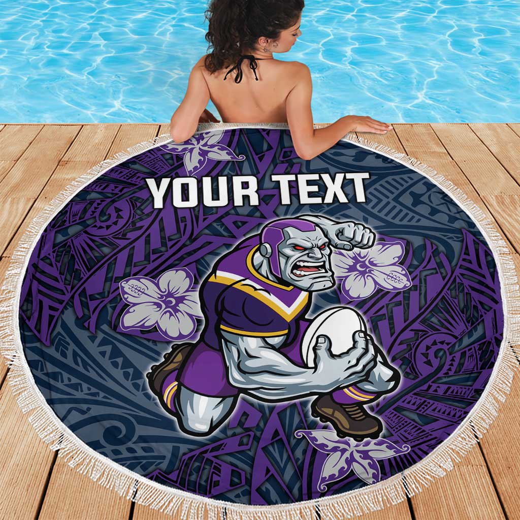 Personalised Melbourne Storm Beach Blanket Polynesian Tribal Pattern With Rugby Storm Man Mascot Art