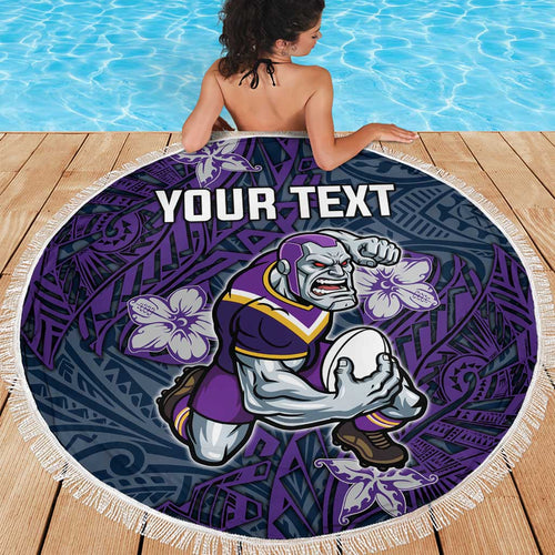Personalised Melbourne Storm Beach Blanket Polynesian Tribal Pattern With Rugby Storm Man Mascot Art