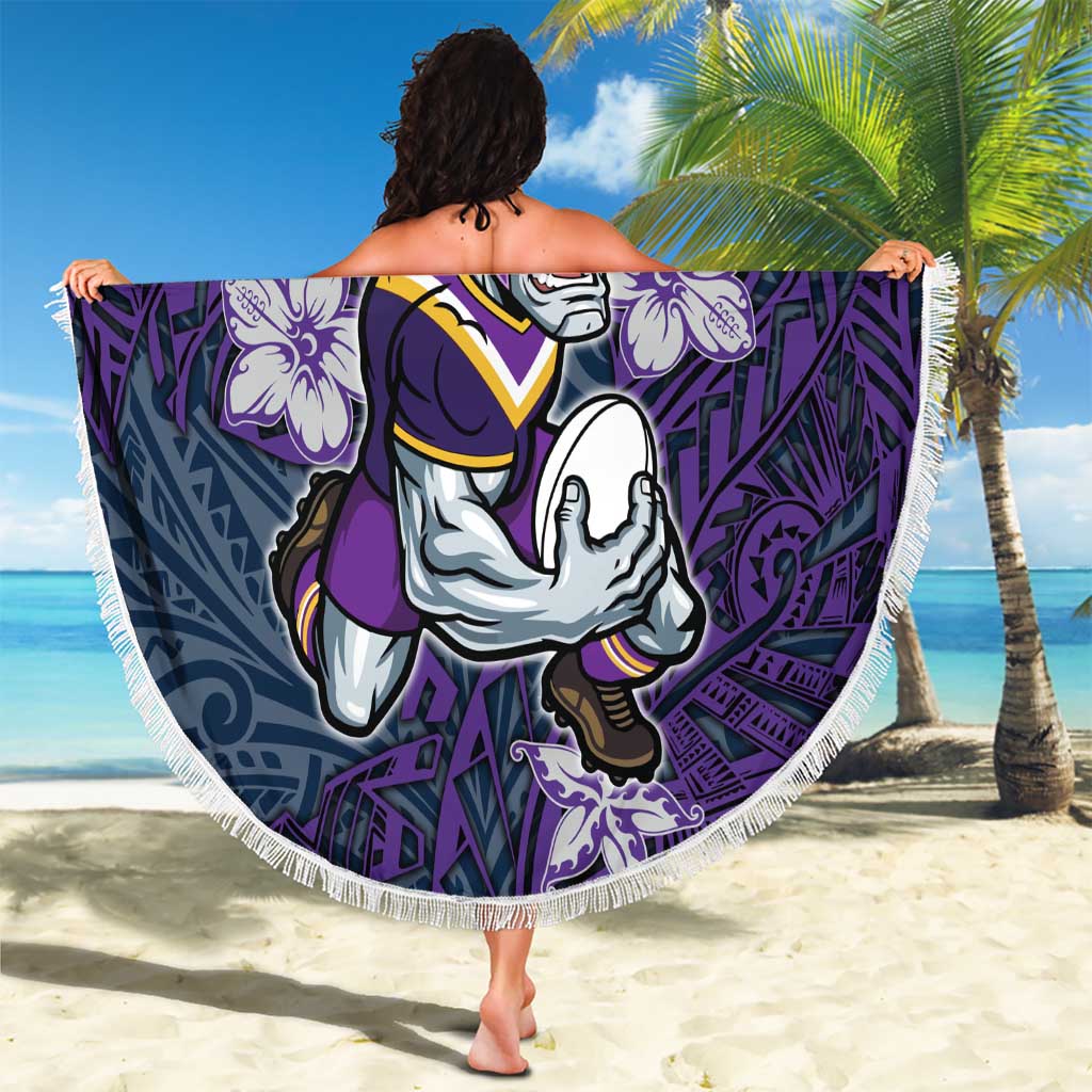 Personalised Melbourne Storm Beach Blanket Polynesian Tribal Pattern With Rugby Storm Man Mascot Art