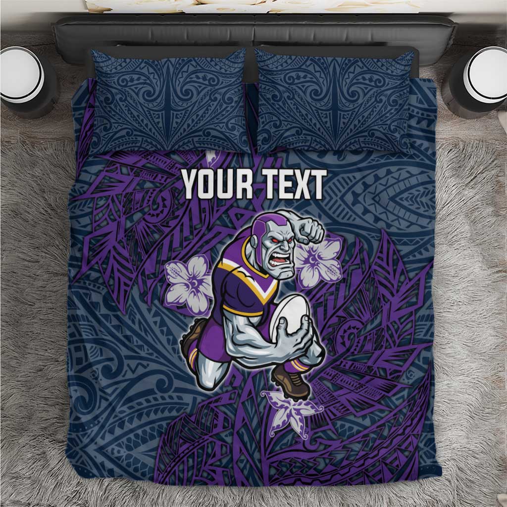 Personalised Melbourne Storm Bedding Set Polynesian Tribal Pattern With Rugby Storm Man Mascot Art