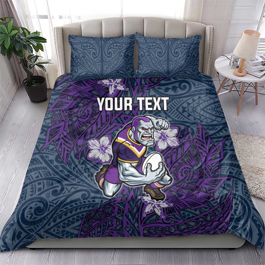 Personalised Melbourne Storm Bedding Set Polynesian Tribal Pattern With Rugby Storm Man Mascot Art