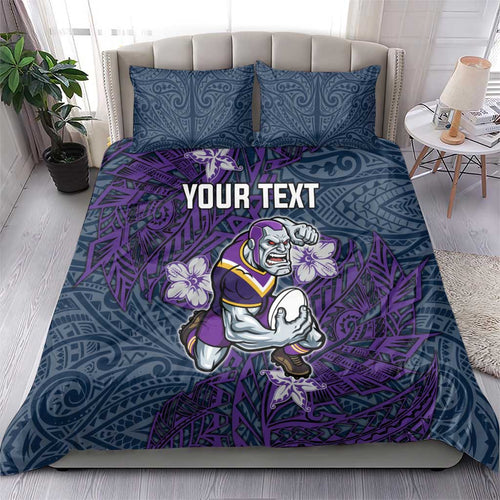 Personalised Melbourne Storm Bedding Set Polynesian Tribal Pattern With Rugby Storm Man Mascot Art