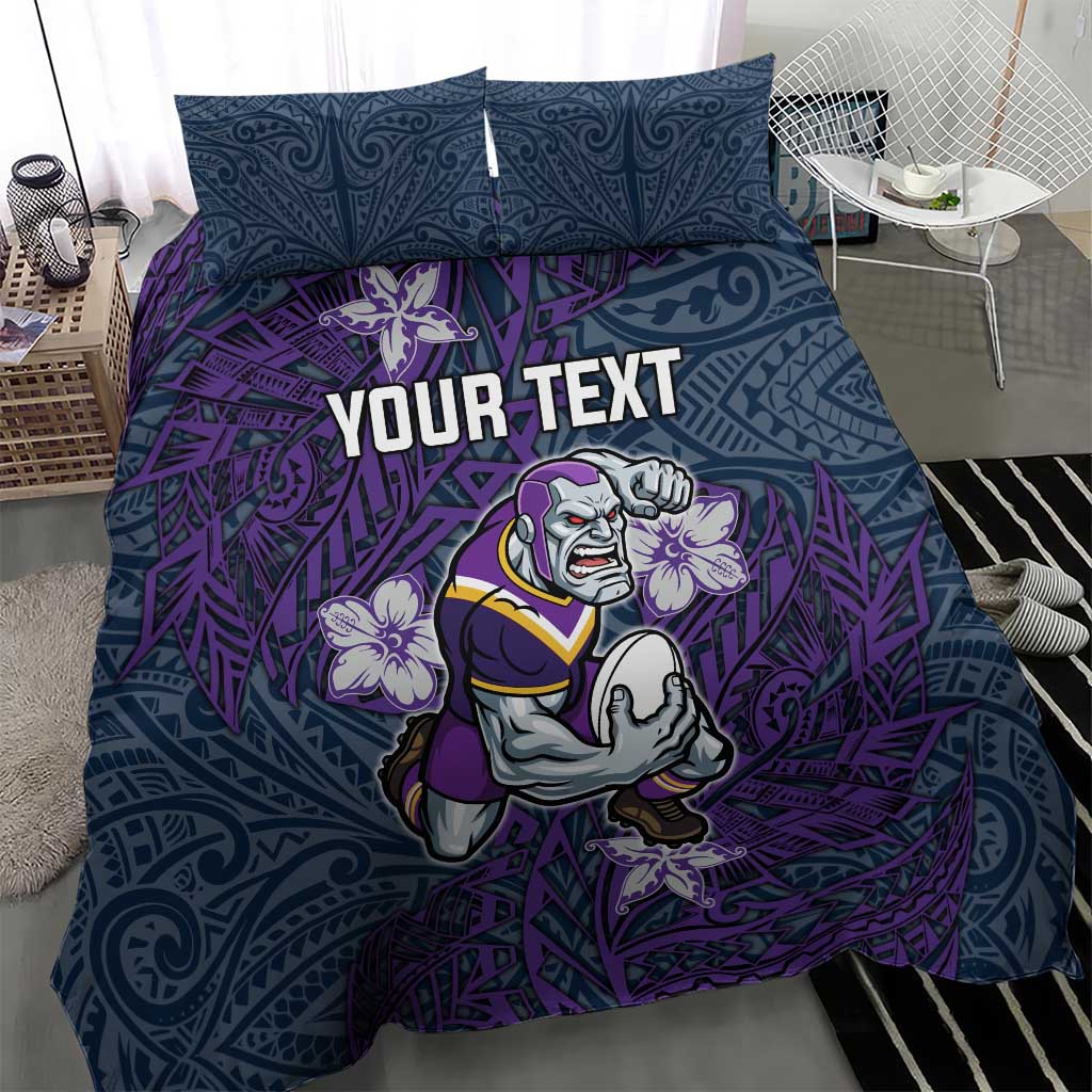 Personalised Melbourne Storm Bedding Set Polynesian Tribal Pattern With Rugby Storm Man Mascot Art