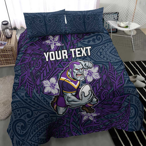 Personalised Melbourne Storm Bedding Set Polynesian Tribal Pattern With Rugby Storm Man Mascot Art