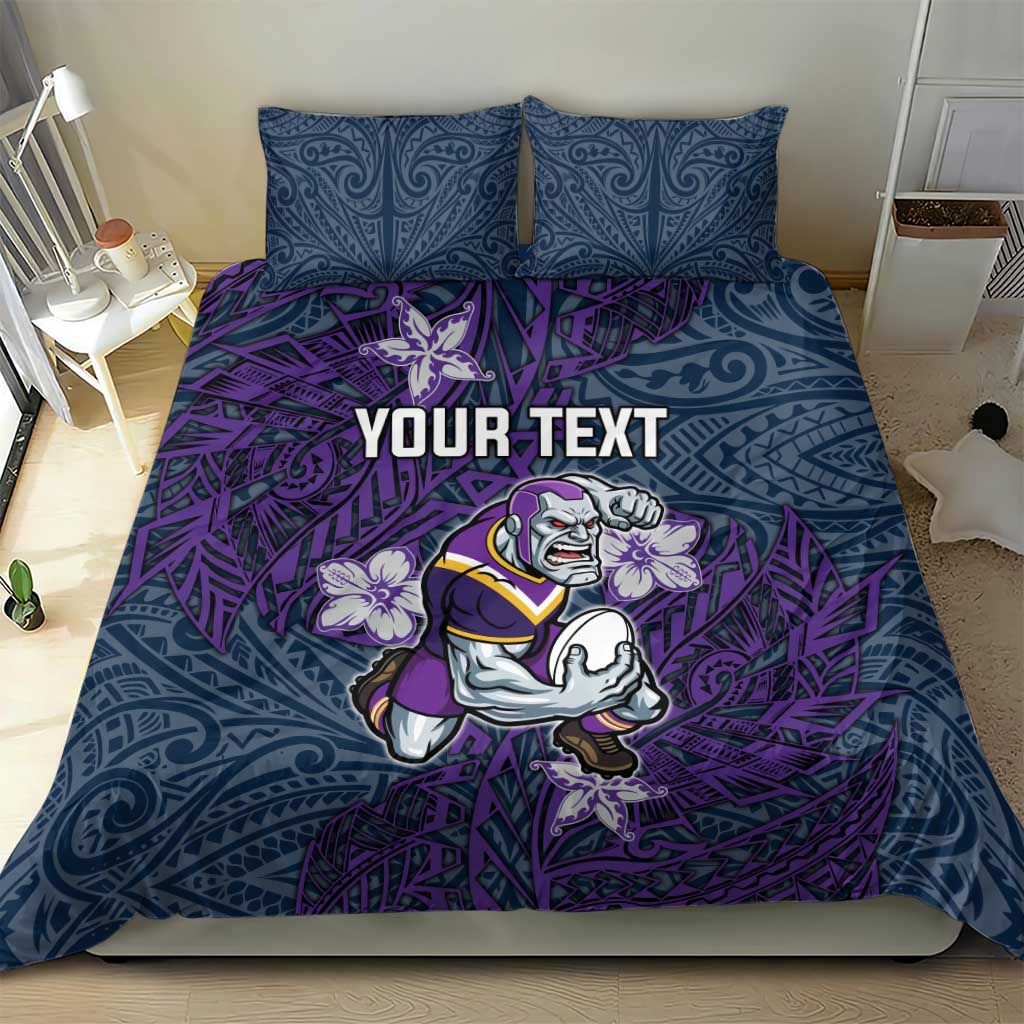 Personalised Melbourne Storm Bedding Set Polynesian Tribal Pattern With Rugby Storm Man Mascot Art