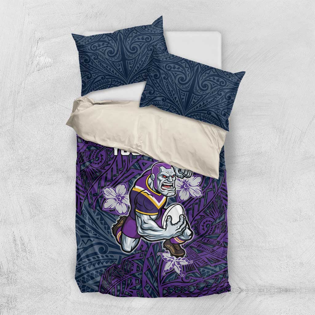 Personalised Melbourne Storm Bedding Set Polynesian Tribal Pattern With Rugby Storm Man Mascot Art