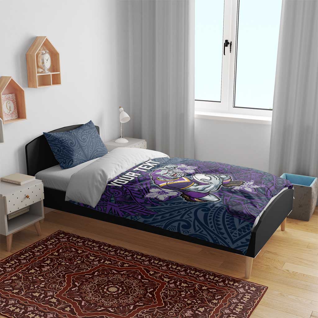 Personalised Melbourne Storm Bedding Set Polynesian Tribal Pattern With Rugby Storm Man Mascot Art