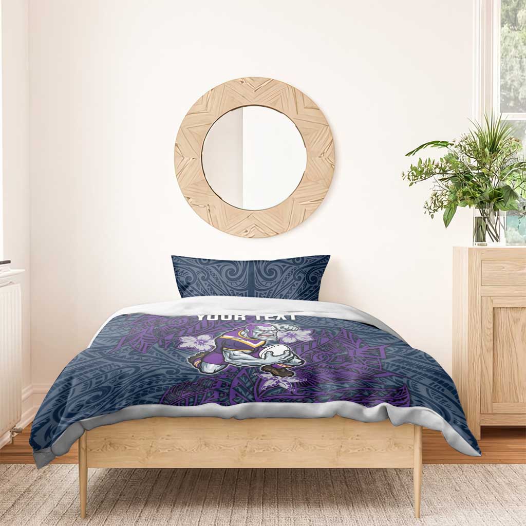 Personalised Melbourne Storm Bedding Set Polynesian Tribal Pattern With Rugby Storm Man Mascot Art