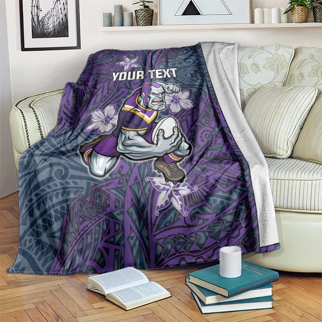 Personalised Melbourne Storm Blanket Polynesian Tribal Pattern With Rugby Storm Man Mascot Art